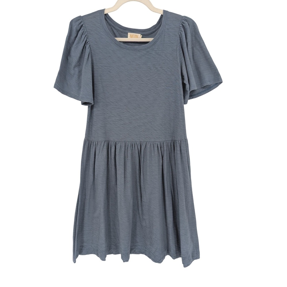 Nation LTD Dress XS Blue Puff Sleeve Drop Waist Slub Cotton Coastal Minimalist
